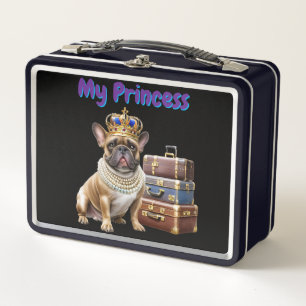 französische Bulldogge mit Koffer und Perlen Metal Lunch Box