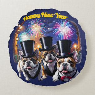 Französische Bulldogge Neujahr Feier Round Pillow