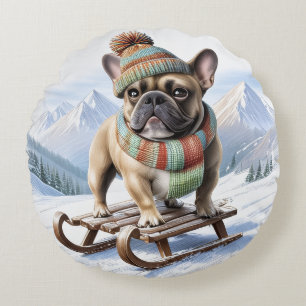 Französische Bulldogge Schlittenfahrt Round Pillow