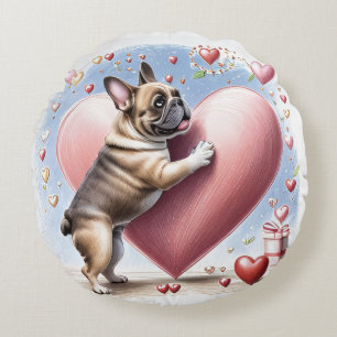 Französische Bulldogge Springt aus Herz Round Pillow