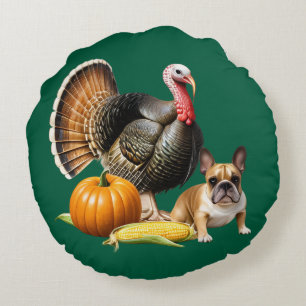  französische Bulldoggen Happy Thanksgiving Round Pillow