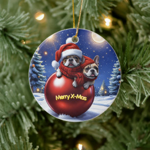 Französische Bulldoggen in roter Weihnachtskugel  Ceramic Ornament