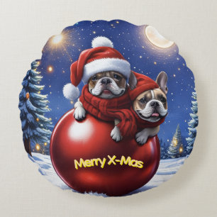 Französische Bulldoggen in roter Weihnachtskugel  Round Pillow