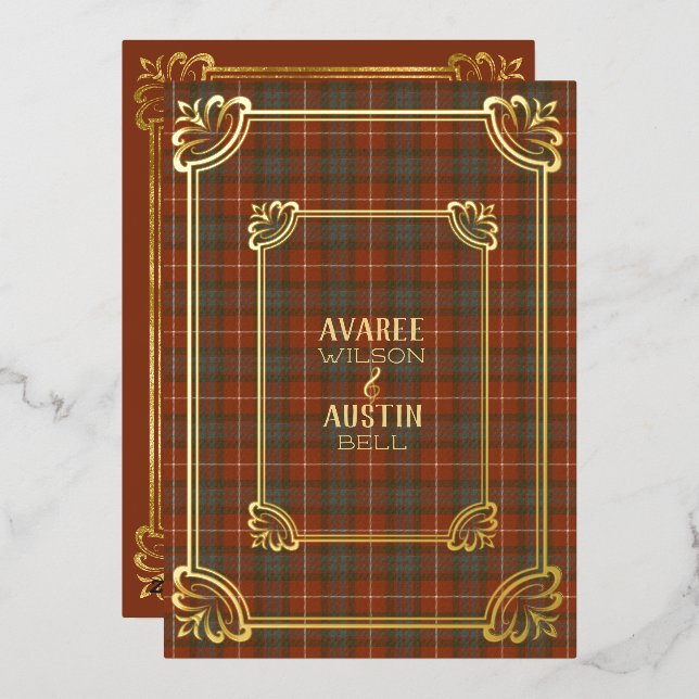Fraser Red Weathered Tartan Gold Foil Invitation (Front/Back)