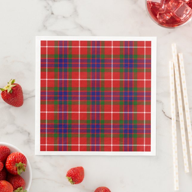 Fraser tartan red green blue purple plaid napkin (Insitu)