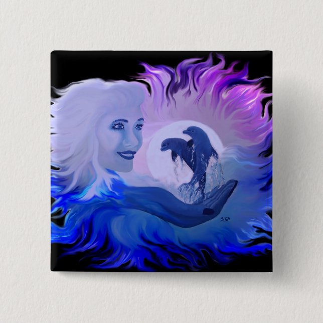Frau mit Delfine im Mondschein 2 Inch Square Button (Front)