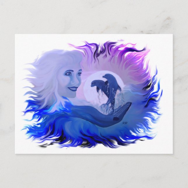Frau mit Delfine im Mondschein Postcard (Front)