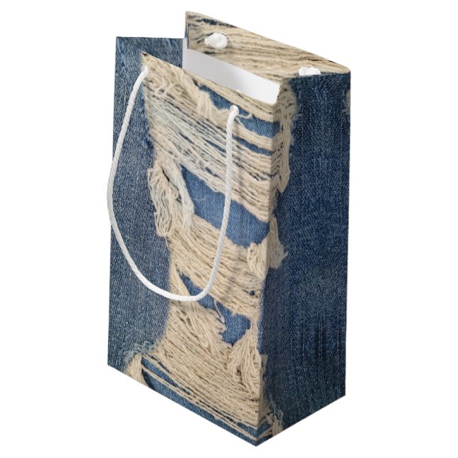 Frayed Blue Jean Fabric Small Gift Bag (Back Angled)