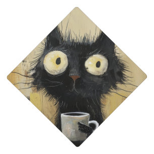 Frazzled Black Cat with Coffee on Grunge Brown Graduation Cap Topper