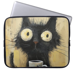 Frazzled Black Cat with Coffee on Grunge Brown Laptop Sleeve
