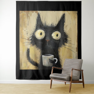 Frazzled Black Cat with Coffee on Grunge Brown Tapestry