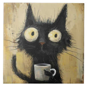 Frazzled Black Cat with Coffee on Grunge Brown Tile