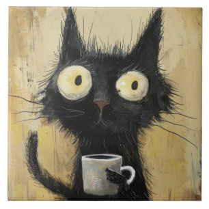 Frazzled Black Cat with Coffee on Grunge Brown Tile