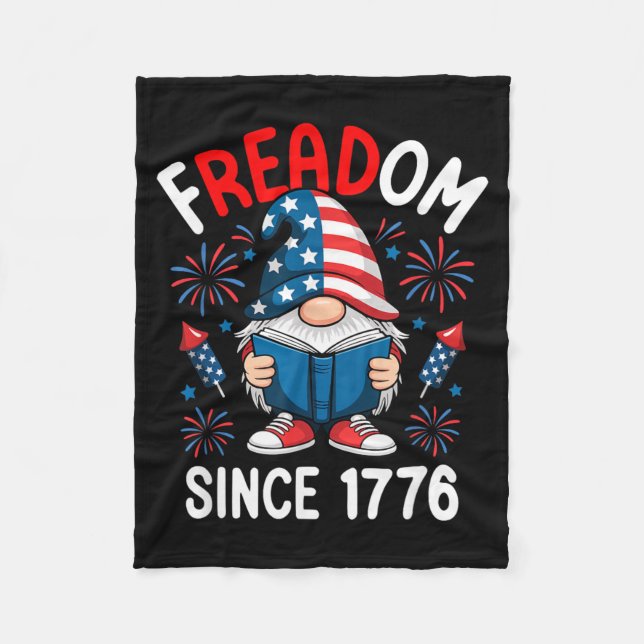 Freadom 1776 Gnome American Flag Reading Book Fleece Blanket (Front)