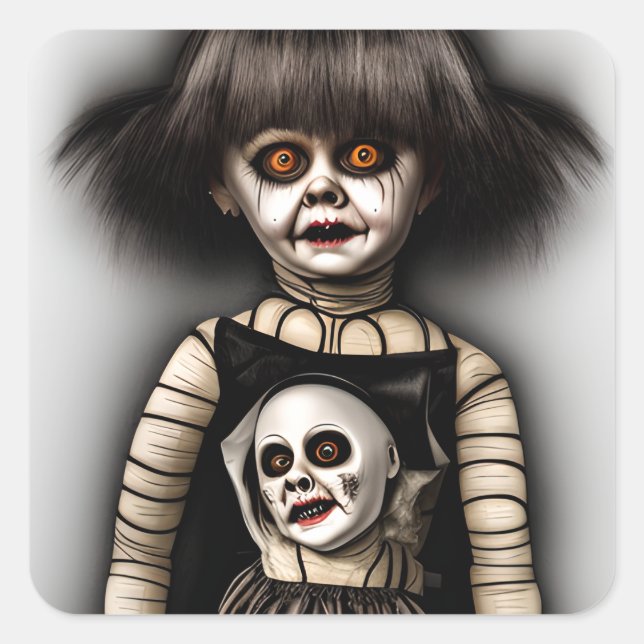 Freaky Scary Spooky Old Doll Halloween Square Sticker (Front)