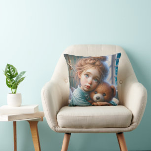 Freckled Girl Hugging a Teddy Bear Throw Pillow