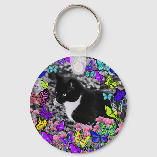 Freckles in Butterflies II - Tuxedo Cat Keychain (Front)