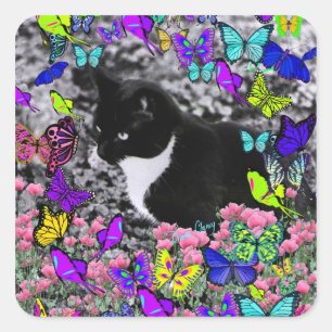 Freckles in Butterflies II - Tuxedo Cat Square Sticker
