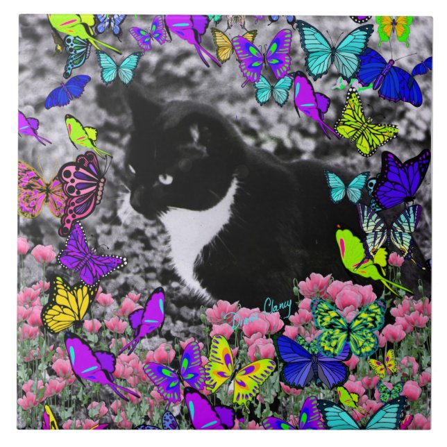 Freckles in Butterflies II - Tuxedo Cat Tile (Front)