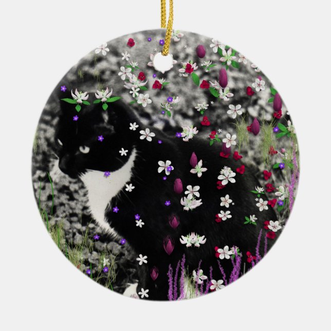 Freckles in Flowers I - Tux Cat Ceramic Ornament (Front)