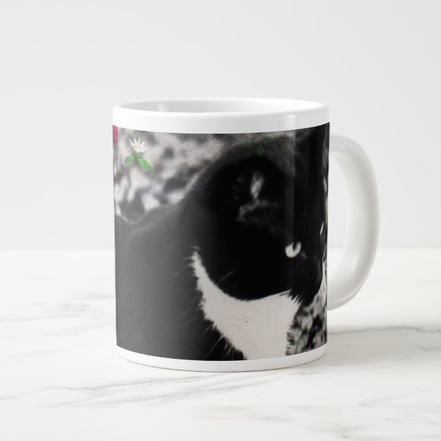 Freckles in Flowers II - Black and White Tux Cat Large Coffee Mug (Front Right)