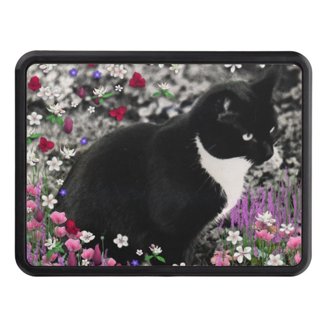 Freckles in Flowers II, Black and White Tuxedo Cat Trailer Hitch Cover (Front)