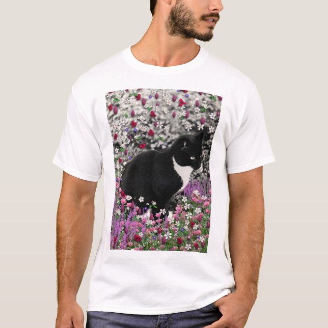Freckles in Flowers II - Black White Tuxedo Kitty T-Shirt (Front)