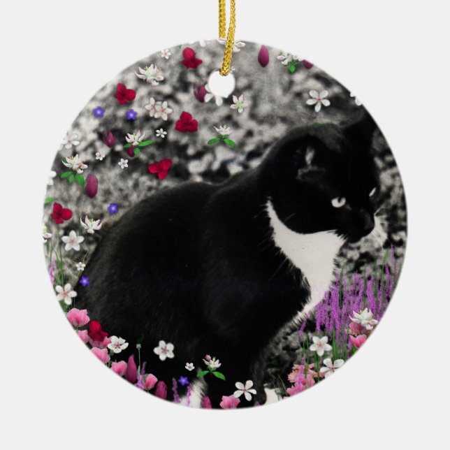 Freckles in Flowers II - Tuxedo Kitty Cat Ceramic Ornament (Front)