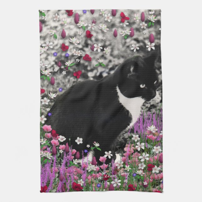 Freckles in Flowers II - Tuxedo Kitty Cat Kitchen Towel (Vertical)