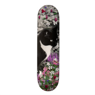 Freckles in Flowers II - Tuxedo Kitty Cat Skateboard