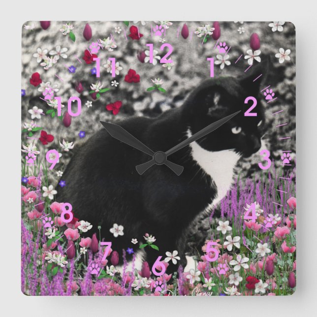 Freckles in Flowers II - Tuxedo Kitty Cat Square Wall Clock (Front)