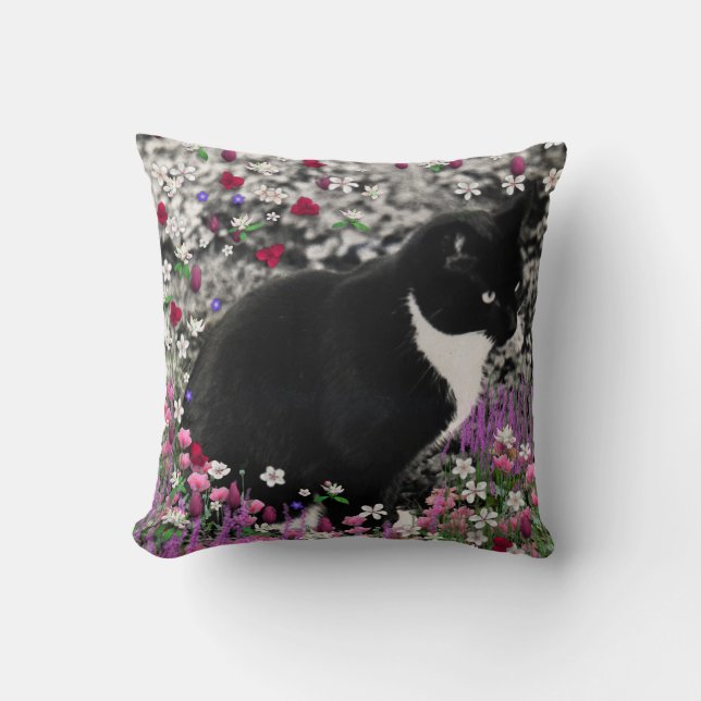 Freckles in Flowers II - Tuxedo Kitty Cat Throw Pillow (Front)