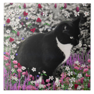 Freckles in Flowers II - Tuxedo Kitty Cat Tile