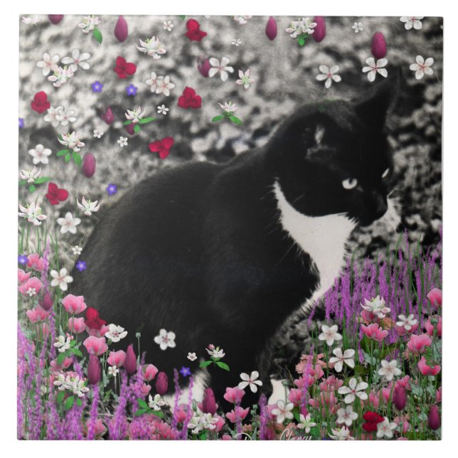 Freckles in Flowers II - Tuxedo Kitty Cat Tile (Front)