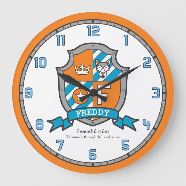 Freddy boys name meaning dog shield orange large clock (Front)