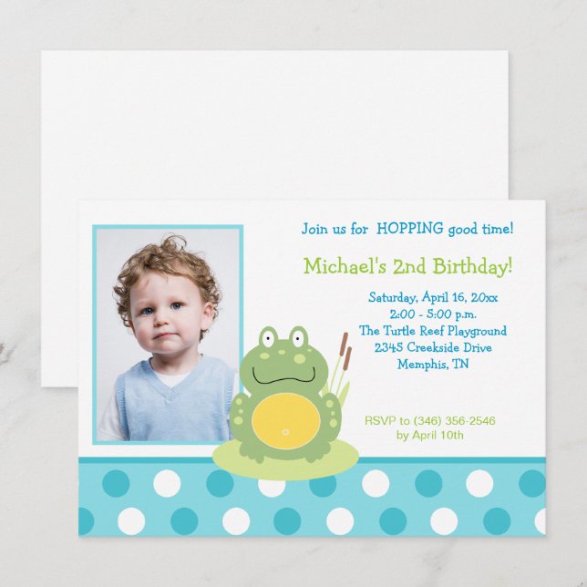 Freddy la grenouille Photo Anniversaire Invitation (Devant / Derrière)