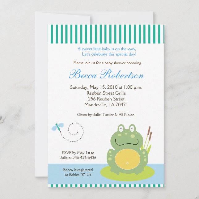 Freddy the Pond Frog Baby Shower 5x7 Invitation (Front)