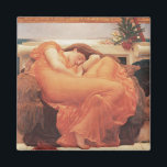 Frederic Lord Leighton Flaming June Square Art Magnet<br><div class="desc">Flaming June is a 1895 oil painting by Frederic Lord Leighton. It depicts a reclining female figure in a fiery orange dress,  surrounded by lush vegetation. The painting is considered to be one of Leighton's masterpieces,  and it is often interpreted as a symbol of summer heat and passion.</div>