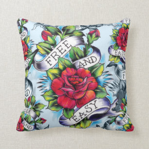 Free and Easy Americana Tattoo Rose pillow. Throw Pillow