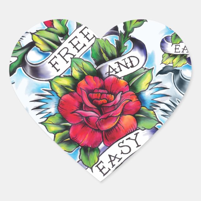 Free and Easy old school tattoo roses and banner Heart Sticker (Front)