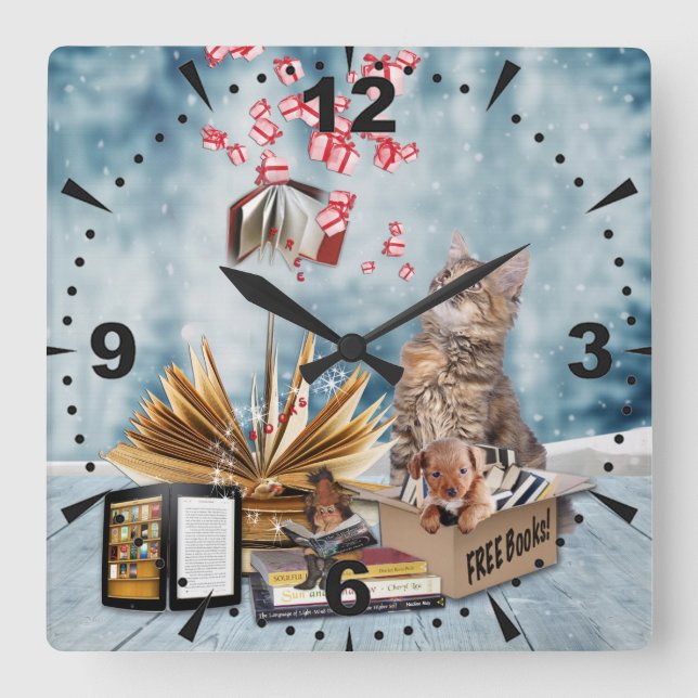 Free Books with a Christmas Kitten Square Wall Clock (Front)
