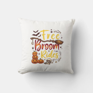 Free Broom Rides Halloween Pumpkins Skull Bats Bon Throw Pillow