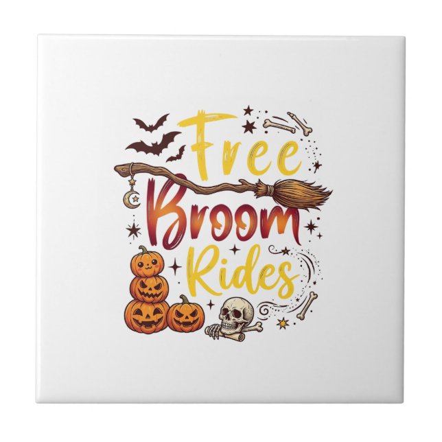 Free Broom Rides Halloween Pumpkins Skull Bats Bon Tile (Front)