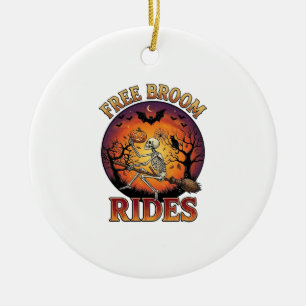 Free Broom Rides Halloween Skeleton Pumpkin Black Ceramic Ornament