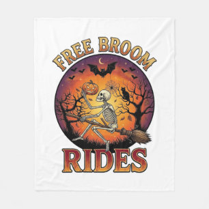 Free Broom Rides Halloween Skeleton Pumpkin Black  Fleece Blanket