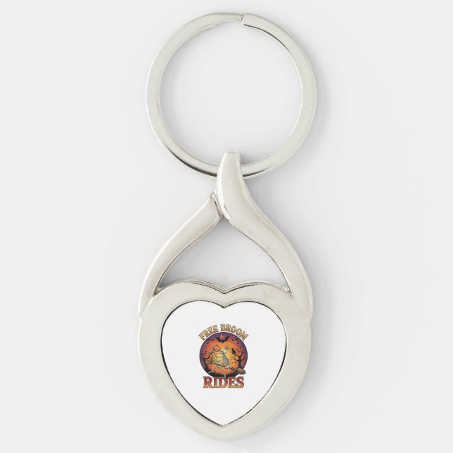 Free Broom Rides Halloween Skeleton Pumpkin Black  Keychain (Front)