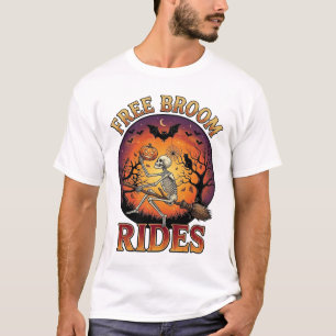 Free Broom Rides Halloween Skeleton Pumpkin Black T-Shirt