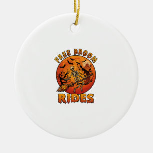 Free Broom Rides Halloween Skeleton Pumpkin Orange Ceramic Ornament