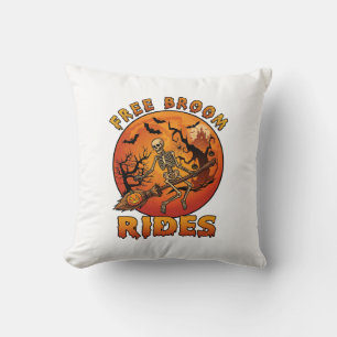 Free Broom Rides Halloween Skeleton Pumpkin Orange Throw Pillow