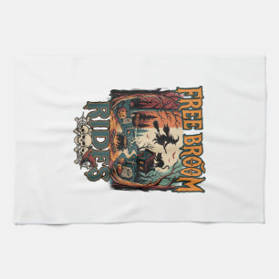 Free Broom Rides Halloween Witch Cat Skulls_1 Kitchen Towel